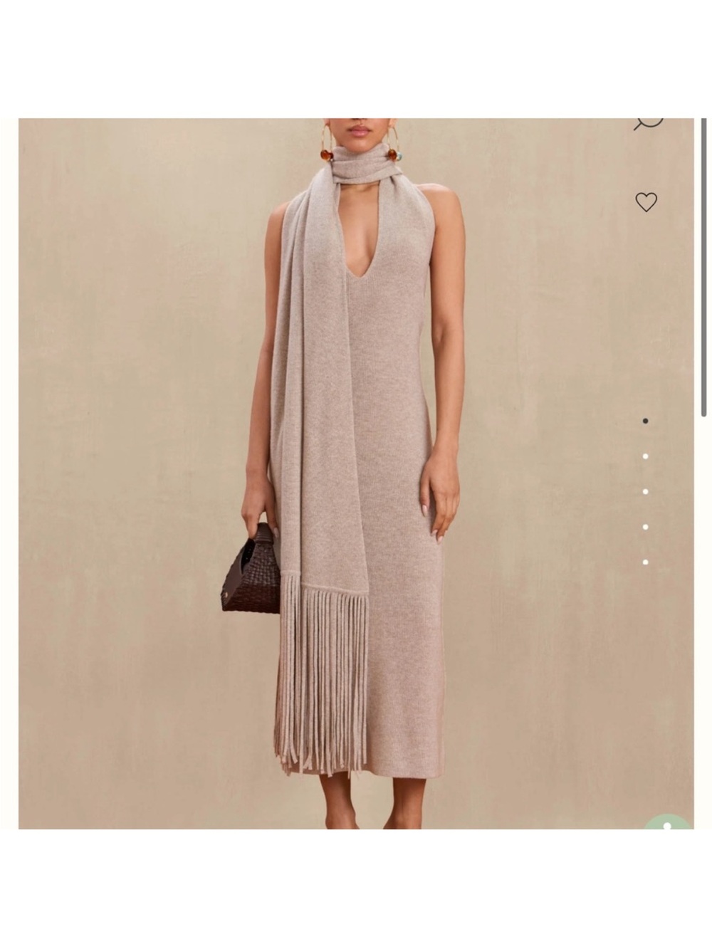 cult gaia Beige Knit Midi Dress with Fringe Scarf